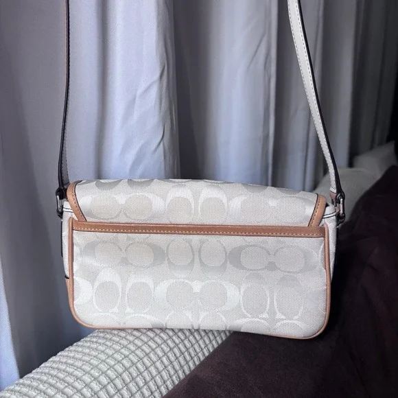 vtg Coach Signature Monogram Canvas Leather Trim Shoulder Bag White Creme